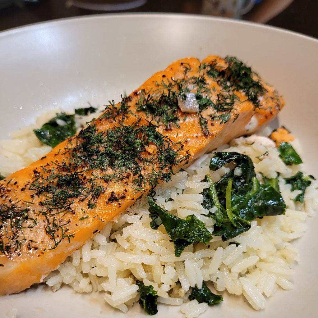 Baked Salmon with Dill & Garlic Butter Kale Rice